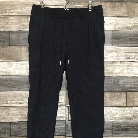 H&M Logg Pinstripe Drawstring Pants Women’s 8 Navy Blue Stretch (Inseam 25) - Picture 5 of 9